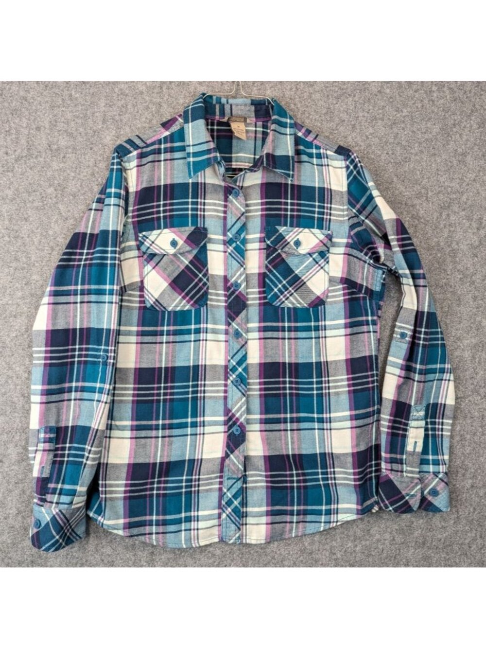 Duluth Trading Co Womens Medium Plaid Flannel Shirt Teal Purple White Workwear
